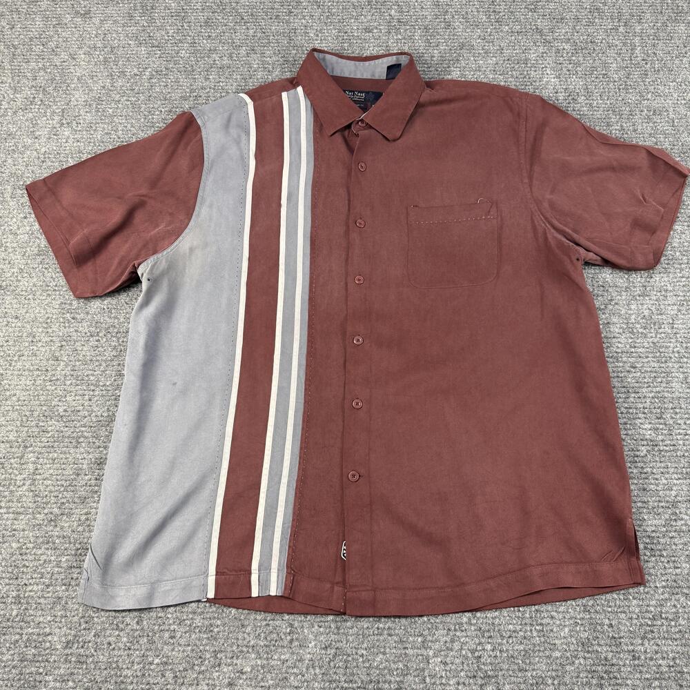 Nat Nast Shirt Mens Extra Large Red Gray Striped Button Up Short Sleeve Casual
